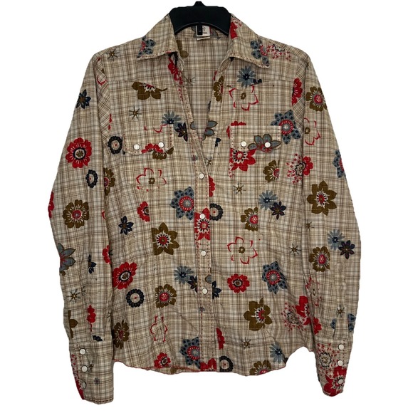 Johnny Was Tops - Johnny Was Cotton Floral Brown Red Gold Flannel Pearl Snap Button Up Size 4‎